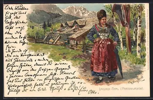 Künstler-AK Fritz Bergen: Loisach-Thal, Partenkirchen, eine Frau im Trachtenkleid vor dem Flurkreuz u. dem Bauernhaus