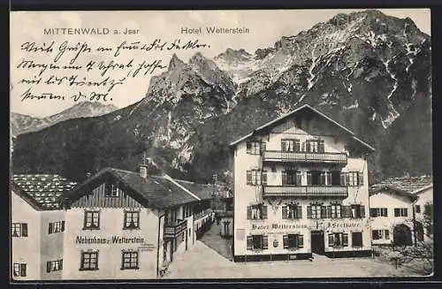 AK Mittenwald a. Isar, Hotel Wetterstein mit Nebenhaus