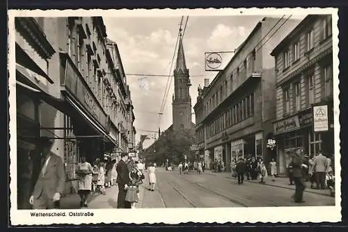 AK Wattenscheid, Oststrasse mit Geschäften und Kirche