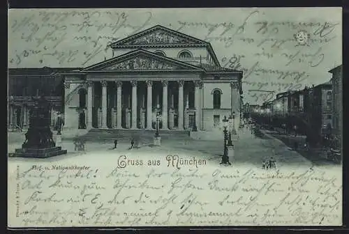 Mondschein-AK München, Hof- und Nationaltheater mit Denkmal und Strasse