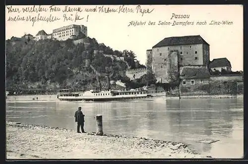 AK Passau, Abfahrt des Salon-Dampfers nach Linz-Wien