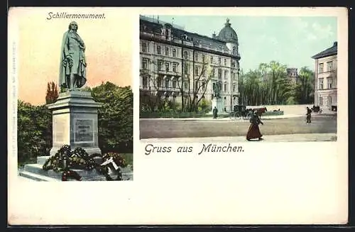 AK München, Ortspartie und Schillermonument