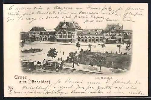 AK Düsseldorf, Hauptbahnhof mit Strassenbahnen aus der Vogelschau