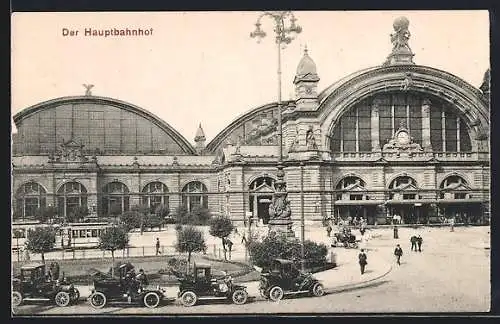 AK Frankfurt a. M., Der Hauptbahnhof, mit Autodroschken