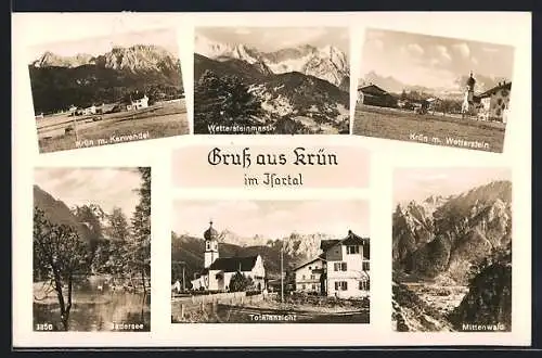 AK Krün /Isartal, Badesee, Ortsansicht mit Karwendel