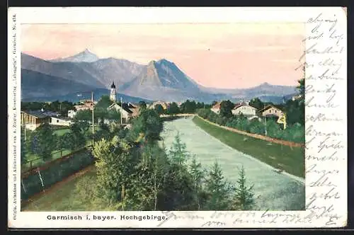 AK Garmisch /Bay., Ortsansicht mit Berggipfeln