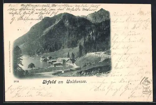 AK Urfeld am Walchensee, Gesamtansicht mit See und Gipfelpanorama