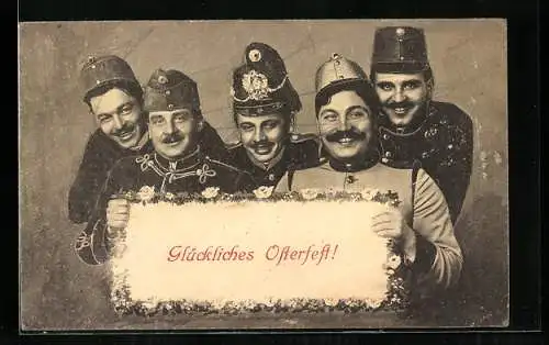 AK Soldatengruppe mit Schild Glückliches Osterfest!