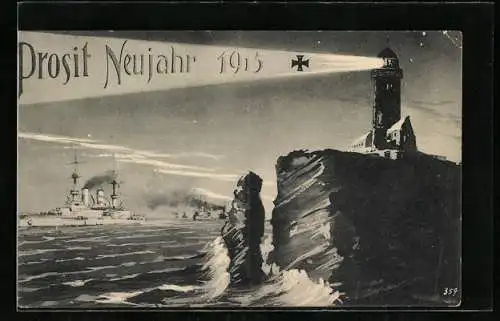 AK Leuchtturm mit Neujahrsgruss im Scheinwerferkegel, Kriegsschiffe