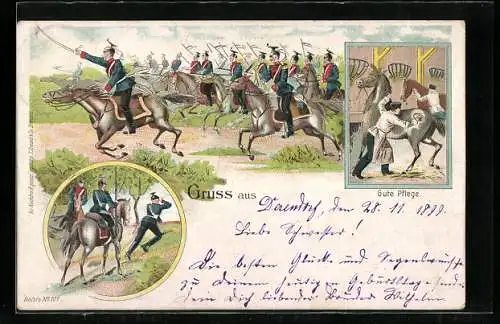 Lithographie Sturm der Kavallerie, Pferdepflege, Ausritt