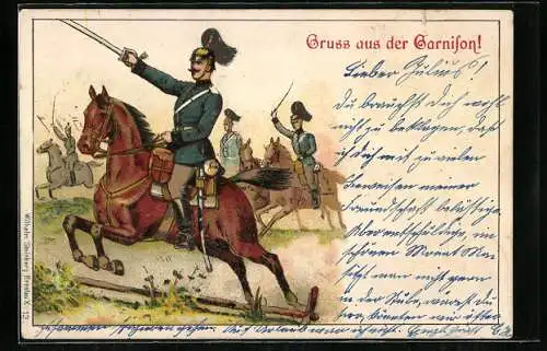 Lithographie Stürmende Kavallerie, Gruss aus der Garnison