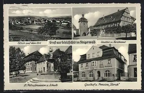 AK Schlüsselfeld im Steigerwald, Blick auf den Ort, Stadttor m. Forsthaus, St. Petrusbrunnen u. Schule, Gasthof Storch