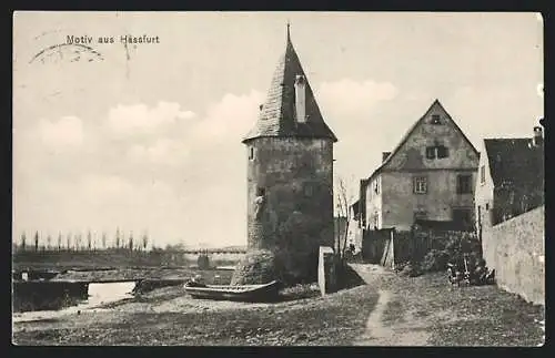 AK Hassfurt, Ortspartie mit Turm und Fluss