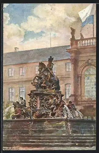 Künstler-AK Bayreuth, Markgrafenbrunnen vor dem Neuen Schloss