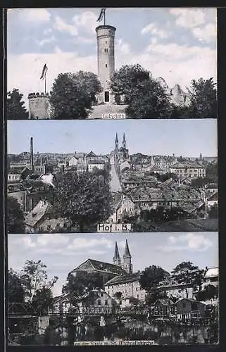 AK Hof i. B., Labyrinth, Strassenpartie aus der Vogelschau, Saalepartie mit S. Michaeliskirche