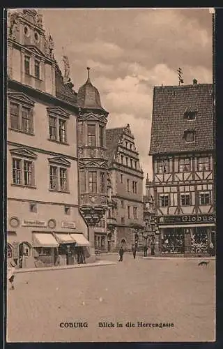 AK Coburg, Strasse Herrengasse mit Geschäften