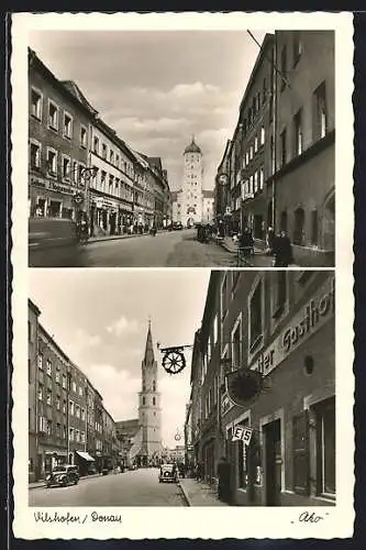 AK Vilshofen, Strassenpartie mit Kirche