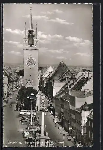 AK Straubing, Theresienplatz mit Stadtturm