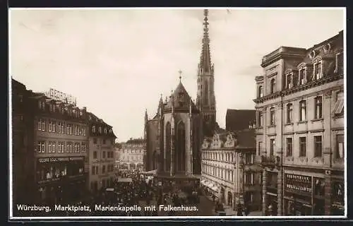 AK Würzburg, Marktplatz mit Geschäften, Marienkapelle und Falkenhaus