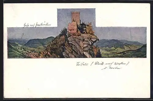 Künstler-AK Annweiler, Blick vom Trifelsfelsen auf die Burg und das Queichtal