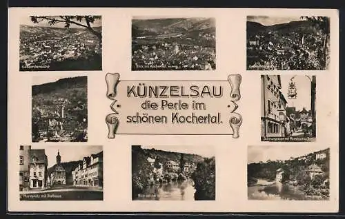 AK Künzelsau /Kochertal, Ortsansicht und Umgebung, Marktplatz mit Rathaus