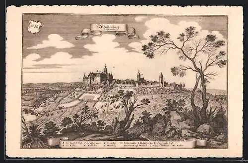 AK Waldenburg / Hohenlohe, Stadtansicht im Jahre 1650, Stich