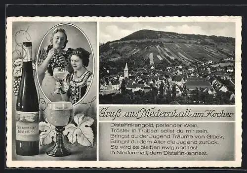 AK Niedernhall am Kocher, Ortsansicht und zwei Frauen in Tracht mit Weinflasche Niedernhaller Distelfink