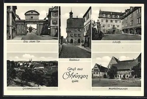AK Öhringen, Gesamtansicht, Das obere Tor, Rathaus, Schloss, Marktbrunnen