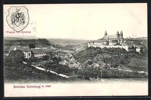 AK Comburg b. Hall, Blick zum Schloss und Wappen von Comburg