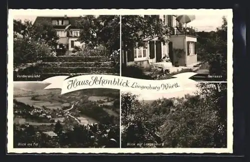 AK Langenburg /Württ., Haus Schönblick, Vorderansicht, Terrasse, Blick auf Langenburg und Blick ins Tal