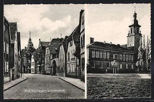 AK Queichheim, Strassenpartie, Teilansicht mit Kirche