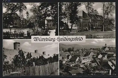 AK Würzburg-Heidingsfeld, Gesamtansicht, Stadtmauer, Schule, Park mit Kirche