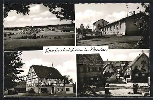 AK Grosseicholzheim in Baden, Ortsansicht aus der Ferne und drei Ansichten aus dem Ort