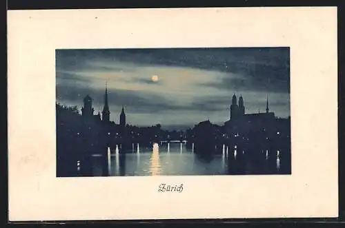 AK Zürich, Stadtansicht bei Mondschein