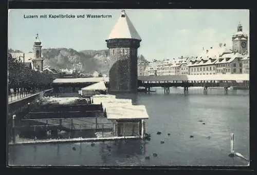 AK Luzern, Kapellbrücke mit Wasserturm im Winter
