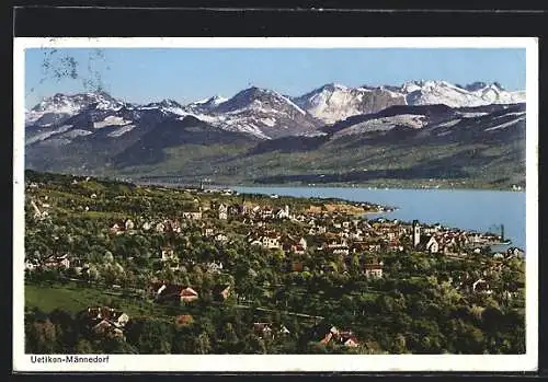 AK Uetikon-Männedorf, Totalansicht mit den Alpen