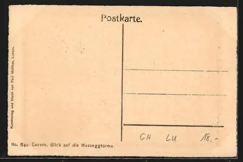 Künstler-AK Luzern, Blick auf die Musseggtürme