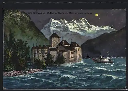 Mondschein-AK Chillon, Chateau et Dents du Midi au clair de lune