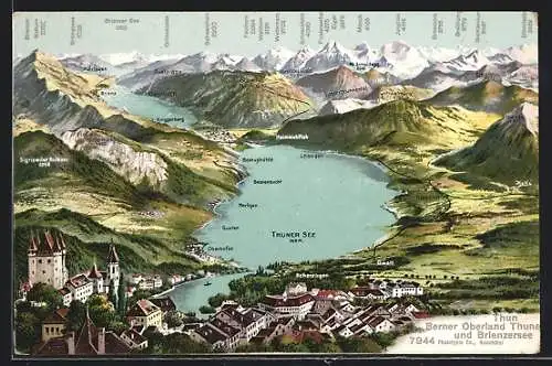 AK Thun, Panorama des Berner Oberlandes mit Thunersee, Interlaken, Schilthorn & Brünig