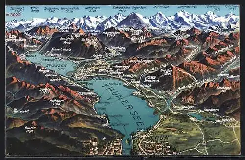 AK Thun, Orte am Thuner und Brienzer See mit den Alpen