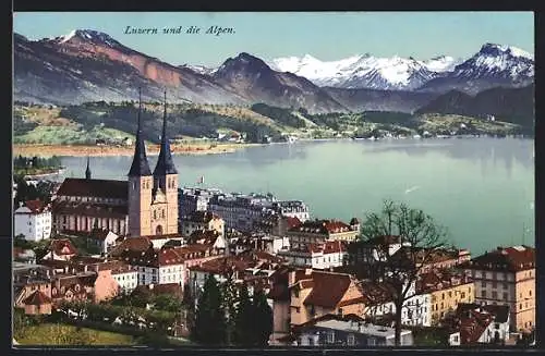 AK Luzern, Stadtansicht und die Alpen