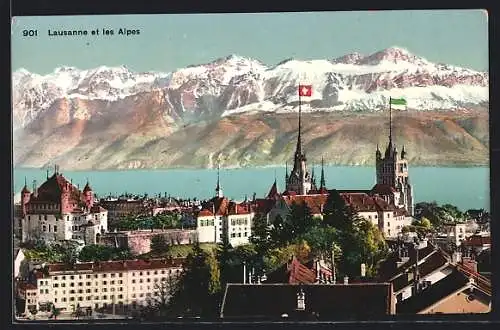 AK Lausanne, Stadtansicht und die Alpen aus der Vogelschau