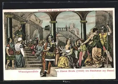 AK Basel, Wandgemälde Susanna vor dem Richter Daniel im Rathaus