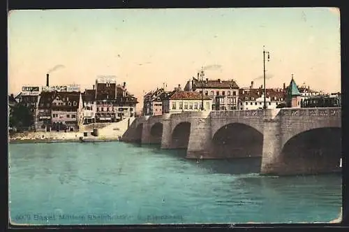 AK Basel, Mittlere Rheinbrücke und Kleinbasel