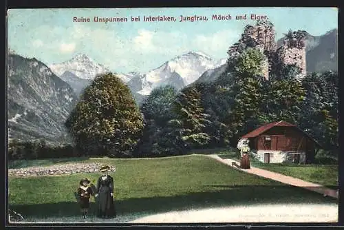 AK Interlaken, Ruine Unspunnen mit Jungfrau, Mönch und Eiger