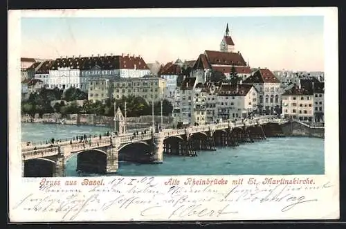AK Basel, Alte Rheinbrücke mit St. Martinskirche, Strassenbahn bei Brückenüberfahrt