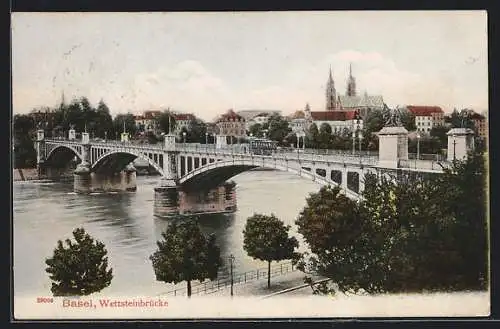 AK Basel, Wettsteinbrücke mit Strassenbahn