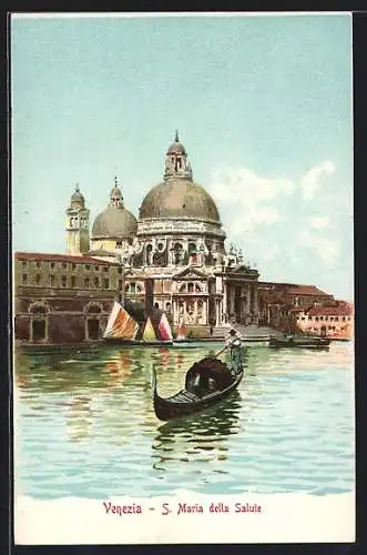 Lithographie Venezia, S. Maria della Salute, Gondel mit Gondoliere
