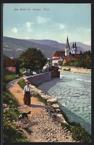 AK Brixen, Dame mit Hund am Eisack