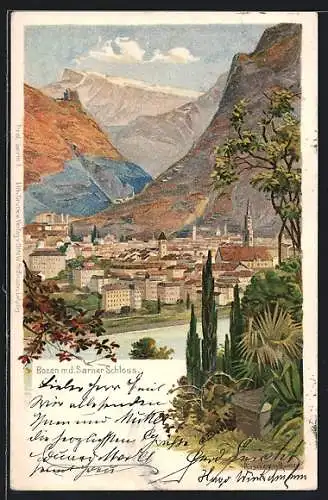 Künstler-AK A. Hirschmann: Bozen, Totale mit Sarner Schloss